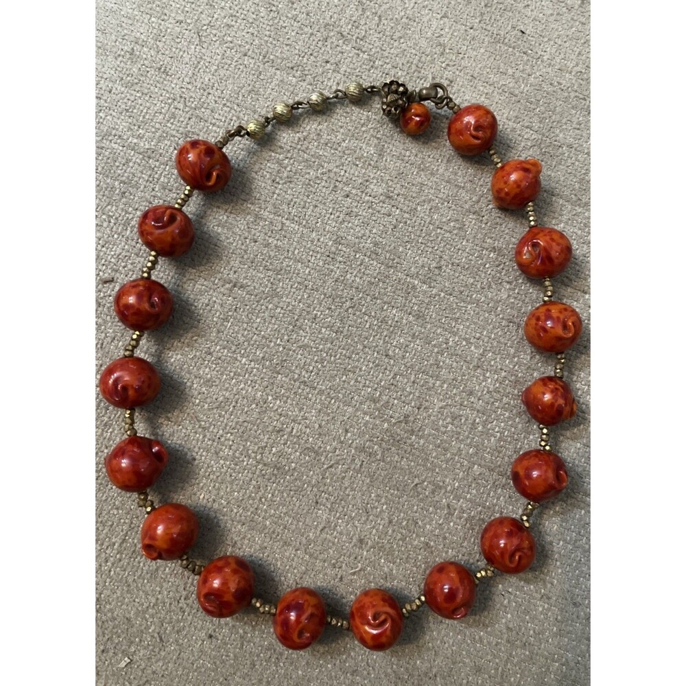 Vtg Miriam Haskell Necklace Red Coral Beading W/Gold Bronze Beads Signed Choker